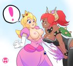  ! big_breasts bowser breasts candy cleavage clothed clothing crossgender crown dark_skin dress female female/female food gum hair human humanoid mammal mario_bros nintendo nipples princess_peach red_hair scalie schpicy super_crown torn_clothing video_games 