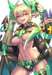  1girl 2016 artist_name blonde_hair breasts demon_girl demon_tail demon_wings elbow_gloves fingerless_gloves fingernails gloves green_nails highres holding holding_weapon horns large_breasts long_hair midriff nail_polish navel ninnin_(shishitou) original pointy_ears red_eyes simple_background solo tail tongue tongue_out twintails underboob weapon white_background wings 