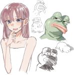  1girl :d bare_shoulders blue_eyes blush boy&#039;s_club brown_hair buttoniris commentary dress english_commentary hand_up highres medium_hair open_mouth original pepe_the_frog sketch smile white_dress 