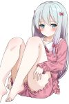  1girl absurdres barefoot blue_eyes blush bow collarbone commentary_request eromanga_sensei feet grey_hair highres izumi_sagiri knees_up legs long_hair looking_at_viewer neck_ribbon pink_shirt pink_shorts ribbon rits_(apud8788) shirt short_shorts shorts simple_background sitting sleepwear solo thighs white_background 