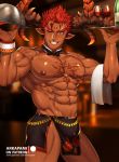  1boy abs arkapami bara bulge chest chest_tattoo collarbone dark_skin dark_skinned_male horns ifrit_(tokyo_houkago_summoners) male_focus muscle nipples orange_eyes pectorals penis pointy_ears red_hair spiked_hair tattoo thick_thighs thighs tokyo_houkago_summoners tray upper_body 