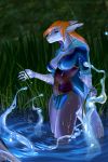  5_fingers abysse_renard_blanc_(ryltar) anthro breasts butt chloe_culson_(ryltar) clothed clothing detailed_background female fingers fish green_eyes grey_body grey_skin hair hi_res imbolc magic marine non-mammal_breasts red_hair shark solo water 