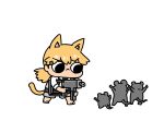  1girl :&lt; afei_(sfma3248) aiming animal_ears bangs barefoot black_eyes black_neckwear black_shorts blonde_hair bushman_idw cat_ears chibi chinese_commentary collared_shirt commentary_request dress_shirt girls_frontline hair_ornament hairclip hands_up highres holding holding_weapon idw_(girls_frontline) long_hair mouse necktie shirt shorts simple_background solo twintails v-shaped_eyebrows weapon white_background white_shirt 