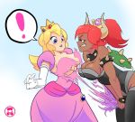  ! big_breasts bowser breasts candy cleavage clothed clothing crossgender crown dark_skin dress female female/female food gum hair human humanoid mammal mario_bros nintendo princess_peach red_hair scalie schpicy super_crown torn_clothing video_games 
