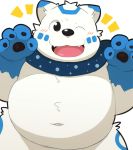  2020 96tning anthro belly black_eyes black_nose blue_body blue_fur blush canid canine canis cute_fangs domestic_dog fur kemono mammal navel one_eye_closed overweight overweight_anthro simple_background solo white_background white_body white_fur wink 