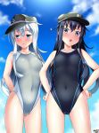  2girls akatsuki_(kantai_collection) anchor_symbol arms_behind_back artist_name badge black_swimsuit blue_eyes cloud cloudy_sky collarbone competition_swimsuit covered_navel day embarrassed eyebrows_visible_through_hair flat_cap flat_chest grey_swimsuit hair_between_eyes hands_on_hips hat hibiki_(kantai_collection) highleg highleg_swimsuit kantai_collection long_hair messy_hair multiple_girls one-piece_swimsuit open_mouth purple_eyes purple_hair silver_hair sky sunlight swimsuit tsuchimiya white_hair 