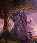  2020 absurd_res black_body black_fur black_mane black_tail blush cutie_mark duo equid equine eyes_closed feathered_wings feathers female feral friendship_is_magic fur hasbro hi_res highlights_(coloring) horn hug iratus_arcana kissing male male/female mammal mane my_little_pony nature outside pink_highlights ponsex purple_body purple_feathers purple_fur purple_mane purple_tail purple_wings scar sitting smile sunset tree twilight_sparkle_(mlp) unicorn winged_unicorn wings 