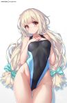  1girl ass_visible_through_thighs bangs bare_shoulders blonde_hair blush breasts competition_swimsuit covered_navel covered_nipples cowboy_shot eyebrows_visible_through_hair hands_on_own_chest highleg highleg_swimsuit hong_(white_spider) long_hair looking_at_viewer one-piece_swimsuit original red_eyes simple_background solo swimsuit white_background 