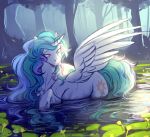  2018 cutie_mark equid feathered_wings feathers female feral forest friendship_is_magic fur hasbro hi_res horn looking_down mammal mane multicolored_mane multicolored_tail my_little_pony outside partially_submerged pink_eyes pond ponsex princess_celestia_(mlp) solo tree white_body white_feathers white_fur white_wings winged_unicorn wings 