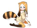  1girl :&lt; animal_ears blue_eyes blush closed_mouth from_side gradient_hair highres looking_at_viewer mountain_han multicolored_hair naked_sweater off-shoulder_sweater off_shoulder orange_hair orange_legwear original raccoon_ears raccoon_tail signature simple_background sitting solo striped_tail sweater tail tears thighhighs wariza white_background yellow_sweater 