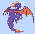  2020 activision blue_background claws dragon feral flying hi_res horn looking_at_viewer looking_back male membrane_(anatomy) membranous_wings open_mouth ponsex purple_body purple_scales red_eyes scales simple_background sky smile solo spines spyro spyro_the_dragon video_games wings yellow_body yellow_scales 