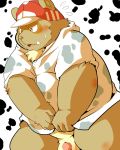  4:5 animal_print anthro balls blush bodily_fluids canid canine clothing cow_print flaccid genitals hat headgear headwear kemono male mammal overweight overweight_anthro overweight_male penis raccoon_dog shame shy sigenoya solo takotyutyu tanuki teeth 