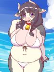  anthro bell bell_collar big_breasts bikini black_body black_fur black_hair blush bovid bovine braided_hair breasts cattle cleavage clothed clothing cloud collar cowbell female fur hair hi_res hime_cut holstein_friesian_cattle horn kemono kin-shun looking_at_viewer mammal multicolored_body multicolored_fur open_mouth outside purple_eyes sea side-tie_bikini sky slightly_chubby smile solo summer swimwear two_tone_body two_tone_fur water white_body white_fur 
