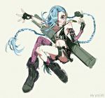  1girl arm_up arms_up bare_shoulders beige_background belt belt_buckle black_footwear black_gloves blue_hair boots buckle explosive eyes_visible_through_hair film_grain fingerless_gloves glint gloves grenade gun jinx_(league_of_legends) league_of_legends long_hair navel orange_legwear pink_eyes qiqu simple_background sketch smile solo teeth thigh_strap twintails weapon weapon_on_back 