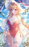  1girl absurdres azur_lane bangs blonde_hair blue_sky blush breasts cleavage cloud cloudy_sky collarbone commentary day eyebrows_visible_through_hair hair_between_eyes hat highres huge_filesize long_hair looking_at_viewer medium_breasts ocean open_clothes open_mouth open_shirt red_eyes red_swimsuit richelieu_(azur_lane) shirt sidelocks sky solo sun_hat swimsuit thigh_strap water_drop white_shirt wine_(2148_wine) 