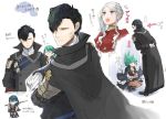  1boy 2girls arms_behind_back black_hair blue_eyes blue_hair byleth_(fire_emblem) byleth_(fire_emblem)_(female) cape closed_mouth crossed_arms edelgard_von_hresvelg fire_emblem fire_emblem:_three_houses from_side gloves green_eyes green_hair hair_over_one_eye holding holding_sword holding_weapon hubert_von_vestra long_hair long_sleeves looking_to_the_side multiple_girls open_mouth pantyhose purple_eyes robaco short_hair side_ponytail simple_background smile squatting sword sword_of_the_creator weapon white_background white_gloves white_hair 