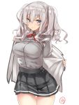  1girl blush breasts cowboy_shot grey_eyes grey_hair grey_shirt hair_between_eyes highres jacket kantai_collection kashima_(kantai_collection) large_breasts looking_at_viewer neck_ribbon removing_jacket ribbon shirt skirt skirt_pull smile solo takase_muu thigh_gap twintails white_background white_jacket 