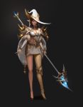  1girl absurdres black_background black_hair breasts brown_eyes cleavage dress hat highres holding holding_spear holding_weapon large_breasts lee_jin_su long_pointy_ears looking_at_viewer open_hand original pointy_ears polearm single_legging solo spear weapon white_dress white_headwear witch_hat 