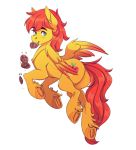  2020 absurd_res blush cookie cutie_mark equid equine fan_character feathered_wings feathers feral fetlocks flying food fur green_eyes hasbro hi_res looking_at_viewer looking_back male mammal mane mouth_hold multicolored_wings my_little_pony pegasus ponsex red_body red_feathers red_mane red_tail simple_background solo white_background wings yellow_body yellow_feathers yellow_fur 