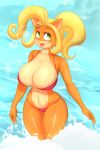  2020 5_fingers absurd_res activision anthro bandicoot beach big_breasts bikini black_nose blonde_hair breasts clothed clothing coco_bandicoot colored_nails crash_bandicoot_(series) eyelashes female fingers green_eyes hair hi_res huwon mammal marsupial nails navel open_mouth open_smile seaside smile solo swimwear thick_thighs video_games water 