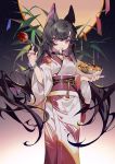  1girl animal_ear_fluff animal_ears bamboo bangs black_hair candy_apple commentary eyebrows_behind_hair fang food food_in_mouth full_moon hair_between_eyes highres holding holding_food japanese_clothes kimono long_hair machi_(7769) moon mouth_hold multicolored_hair night night_sky obi original purple_eyes purple_hair sash sky solo standing star_(sky) starry_sky symbol_commentary takoyaki tanabata tanzaku two-tone_hair very_long_hair white_kimono 