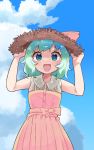  1girl :d arms_up bangs bare_arms bare_shoulders blue_sky blush bow brown_headwear cloud collared_dress commentary_request day dress eyebrows_visible_through_hair green_eyes green_hair hands_on_headwear hands_up hat hat_bow komeiji_koishi looking_at_viewer open_mouth outdoors pink_bow pink_dress sky sleeveless sleeveless_dress smile solo straw_hat touhou yamase 