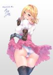  1girl ass back blonde_hair blush boots breasts brown_eyes cameltoe condom_wrapper covered_nipples djeeta_(granblue_fantasy) dress elbow_gloves fighter_(granblue_fantasy) gauntlets gloves granblue_fantasy hairband highres large_breasts looking_at_viewer looking_back nanase_mizuho panties pink_dress pink_hairband puffy_short_sleeves puffy_sleeves short_hair short_sleeves smile thigh_boots thighhighs thighs tongue tongue_out underwear white_panties 