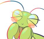  &gt;_&lt; 2020 ambiguous_gender antennae_(anatomy) arthropod blush eyes_closed feral green_body hyeing02 insect low_res mantis simple_background smile solo white_background 