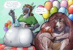  balloon belly big_belly birthday birthday_hat bottomwear bow cake canid canine canis clothing domestic_dog duo fish fluffy food internal male male/male mammal marine oral_vore reef_shark shark shorts spitz thai_bangkaew themuffinly vore 