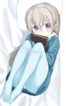  1girl blue_legwear blush curled_up eila_ilmatar_juutilainen english_commentary eyebrows_visible_through_hair fankupl highres lying notebook on_back pillow purple_eyes silver_hair solo strike_witches sweater world_witches_series younger 