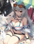  1girl arknights arm_support bangs bare_shoulders breasts character_doll cleavage commentary eyebrows_visible_through_hair eyewear_on_head grani_(arknights) hair_ornament hand_on_own_chest jakoujika large_breasts long_hair looking_at_viewer midriff no_hat no_headwear off-shoulder_shirt off_shoulder red_eyes seiza shirt short_sleeves silver_hair sitting skadi_(arknights) skindentation solo stomach sunglasses thigh_strap thighs very_long_hair white_shirt 