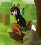  2020 anthro barefoot bottomless brown_body brown_fur canid canine clothed clothing detailed_background dipstick_ears dipstick_tail fox fur holding_object holding_tool hoodie inner_ear_fluff looking_at_viewer mammal melee_weapon minecraft multicolored_ears multicolored_tail outside pickaxe rock sitting smile solo spots spotted_body spotted_fur sword theblueberrycarrots tools topwear tree tuft video_games weapon white_body white_fur 