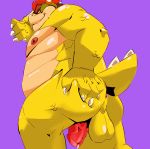  against_wall anthro anus balls bodily_fluids bowser burrnie butt genital_fluids genitals hi_res koopa looking_at_viewer looking_back low-angle_view male mario_bros nintendo nipples nude penis precum scalie solo video_games 