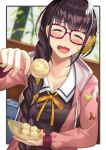  1girl alternate_costume bag bangs beppu_mitsunaka black_hair black_shirt blue_bag blurry blurry_background blush breasts cleavage closed_eyes collarbone commentary_request eyebrows_visible_through_hair facing_viewer fate/grand_order fate_(series) food glasses hand_up highres holding incoming_food large_breasts long_hair long_sleeves open_mouth osakabe-hime_(fate/grand_order) shirt wavy_mouth 