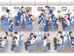  6+boys 6+girls black_hair black_legwear brown_hair card cellphone chips commentary eating food glasses group_picture handheld_game_console kiyo_(kyokyo1220) kneehighs long_hair multiple_boys multiple_girls original phone playing_card playing_games potato_chips school_uniform shoes_removed short_hair sitting smartphone train_interior twintails v white_legwear 