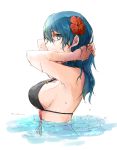  1girl bikini black_bikini blue_eyes blue_hair breasts byleth_(fire_emblem) byleth_(fire_emblem)_(female) fire_emblem fire_emblem:_three_houses fire_emblem_heroes flower from_side hair_flower hair_ornament robaco sideboob solo swimsuit twitter_username upper_body 