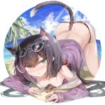  1girl 7gao animal_ear_fluff animal_ears ass bare_shoulders beach bikini black_bikini black_hair breasts cat_ears cat_girl cat_tail day eyewear_on_head green_eyes highres jacket karyl_(princess_connect!) long_hair long_sleeves looking_at_viewer low_twintails multicolored_hair no_bra no_pants off_shoulder outdoors princess_connect! princess_connect!_re:dive purple_jacket small_breasts solo streaked_hair sunglasses sunlight swimsuit tail thighs top-down_bottom-up twintails 
