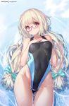 1girl bangs bare_shoulders blonde_hair blush breasts competition_swimsuit covered_navel eyebrows_visible_through_hair glasses hands_on_own_chest highleg highleg_swimsuit hong_(white_spider) long_hair looking_at_viewer one-piece_swimsuit original partially_submerged red_eyes solo swimsuit water wet 