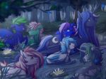  2018 blep blue_body blue_eyes blue_feathers blue_mane blue_tail blue_wings cutie_mark ears_back equid equine eyes_closed fan_character feathered_wings feathers female feral forest friendship_is_magic fur green_eyes green_mane green_tail group hasbro highlights_(coloring) horn horse lily_pad looking_at_another looking_back male mammal mane multicolored_mane multicolored_tail my_little_pony open_mouth open_smile outside partially_submerged pegasus pink_mane pink_tail pivoted_ears plant pond ponsex pony princess_luna_(mlp) purple_mane red_eyes red_highlights smile splashing tongue tongue_out tree unicorn walking white_body white_feathers white_fur white_mane white_tail white_wings winged_unicorn wings 