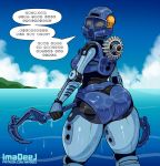  2020 armor bionicle biped breasts curvy_figure detailed_background digital_drawing_(artwork) digital_media_(artwork) dripping_wet fingers gali hooks imadeej lego looking_at_viewer looking_back machine mask melee_weapon mouthless not_furry outside polearm robot sea seaside simple_background sky skyline smile standing text thick_thighs toa translated url voluptuous water weapon wet wet_body wide_hips 