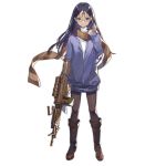  1girl ammo_box ammunition_belt bangs blue_jacket boots brown_footwear brown_scarf claes closed_mouth full_body girls_frontline glasses gun gunslinger_girl hair_ornament hairclip holding jacket long_hair long_sleeves looking_at_viewer m249 machine_gun official_art pantyhose purple_eyes purple_hair scarf scope shirt solo standing transparent_background weapon white_shirt 