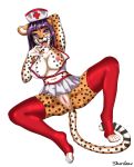  2020 anthro anus breasts cheetah clothed clothing digital_media_(artwork) felid feline female fur genitals hair hat headgear headwear hi_res legwear mammal nipples nurse nurse_hat nurse_uniform presenting purple_eyes purple_hair pussy red_clothing red_legwear red_stockings sherilane solo stockings uniform 