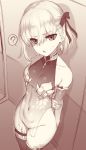  1girl ? armlet armor bangs bare_shoulders bikini_armor blush bottomless breasts collar collarbone covered_navel earrings fate/grand_order fate_(series) floral_print hair_ribbon highres jewelry kama_(fate/grand_order) looking_at_viewer m-da_s-tarou metal_collar monochrome open_mouth pelvic_curtain ribbon sepia short_hair small_breasts thighlet thighs 