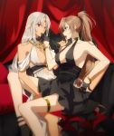  2girls amazuki_jou azur_lane body_markings cocktail_dress commentary_request dress evening_gown facial_mark forehead_mark gold_bracelet gold_choker halter_dress high-waist_sideboob highres jean_bart_(azur_lane) jean_bart_(uninhibited_bloodstone)_(azur_lane) massachusetts_(azur_lane) massachusetts_(dressed_to_impress)_(azur_lane) multiple_girls native_american white_nails yuri 