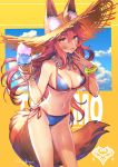  1girl animal_ear_fluff animal_ears bikini blue_bikini breasts cleavage ears_through_headwear fate/grand_order fate_(series) food fox_ears fox_girl fox_tail furikawa_arika hat highres ice_cream large_breasts looking_at_viewer navel pink_hair side-tie_bikini solo straw_hat sweat swimsuit tail tamamo_(fate)_(all) tamamo_no_mae_(swimsuit_lancer)_(fate) tongue tongue_out yellow_eyes 