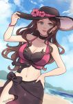  1girl beach blue_sky breasts brown_hair chunafishy cleavage cloud day dorothea_arnault earrings fire_emblem fire_emblem:_three_houses fire_emblem_heroes flower green_eyes hand_on_headwear hat hat_flower jewelry long_hair outdoors parted_lips signature sky solo swimsuit 