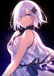  1girl bare_arms bare_shoulders black_background bow bowtie breasts dress fate/grand_order fate_(series) glowing gradient gradient_background hair_ornament hair_over_one_eye hand_on_own_chest highres lavender_hair looking_to_the_side mash_kyrielight medium_breasts purple_eyes see-through short_hair sidelocks sleeveless sleeveless_dress smile solo toosaka_asagi upper_body white_dress 