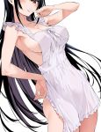  1girl apron armpits black_hair blush breasts covered_nipples haitekudasai_takamine-san hand_on_hip hiiragi_yuuichi large_breasts long_hair looking_at_viewer naked_apron out_of_frame red_eyes simple_background solo takamine_takane very_long_hair white_background 
