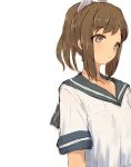  1girl alchera blue_sailor_collar brown_eyes brown_hair commentary_request hair_ornament hairclip i-401_(kantai_collection) kantai_collection ponytail sailor_collar school_uniform serafuku short_hair short_ponytail simple_background solo upper_body white_background 