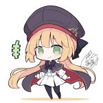  1girl artoria_pendragon_(all) artoria_pendragon_(caster) beni_shake blonde_hair blush chibi commentary_request eyebrows_visible_through_hair fate/grand_order fate_(series) full_body green_eyes hat long_hair pantyhose skirt smile solo standing 